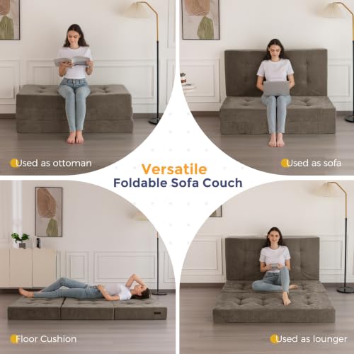 Image of MAXYOYO 6 inch Folding Sofa Bed for Floor, Tufted Tri-Fold Floor Mattress | Queen Size Portable Sofa Couch Guest Mat with Chenille Fabric for Adults, Foldable Topper for Camping, Brown, Queen
