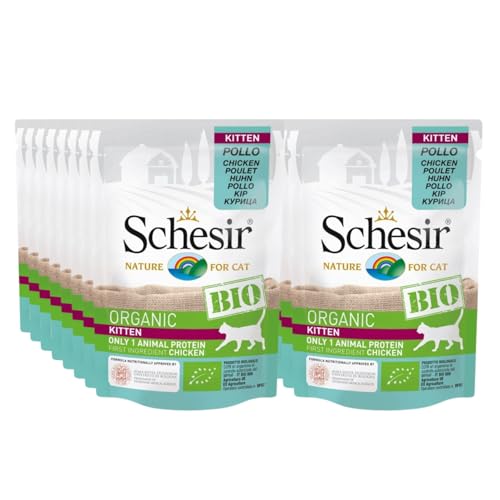 Schesir Cat Bio Kitten Monoprotein Huhn, Katzenfutter nass für Kätzchen, 16 Beutel x 85 g
