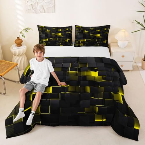 Image of Erosebridal Black Yellow Comforter Set Full Neon Geometric Checkered Bedding Set for Kids Adults Abstract Stereoscopic Grids Quilt Square Plaid Bed Set 3 Pcs Gamer Room Decor