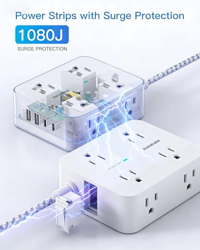 Image of PD 30W USB C Power Strip Surge Protecor, HANYCONY 8 Outlets 4 USB(2 USB C Ports), 1080J Desk Charging Station for Multiple Devices, 10 Ft Flat Plug Extension Cord for College Dorm Room Essentials