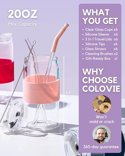 Colorful 20oz Glass Tumblers with Lids and Straws for Hot or Cold Drinks