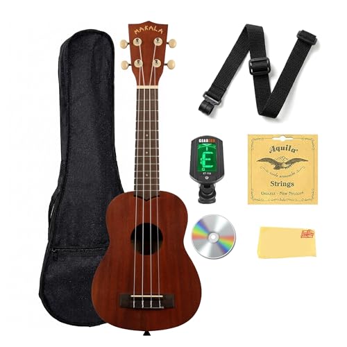 Kala MK-S Makala Soprano Ukulele Bundle with Gig Bag, Tuner, Strap, Aquila Strings, Online Lessons, Austin Bazaar Instructional DVD, and Polishing Cloth