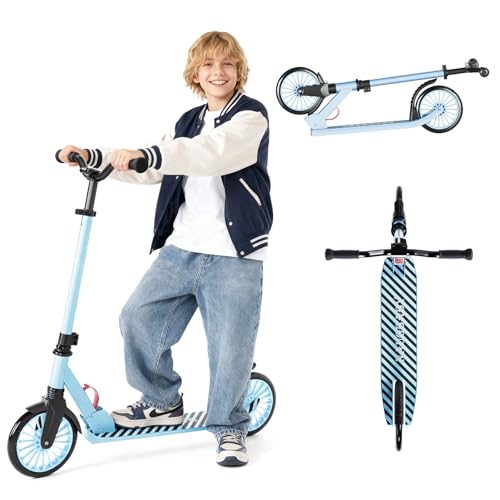Scooter for Kids, Lightweight Foldable Kick Scooter, 4-Level Adjustable Handlebar, 8-Inch Large Wheels with Shock Absorption, for Ages 6 and Up (Light Blue)