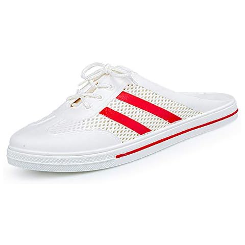 Womens Summer Slip On Flat Slippers Mens Outdoor Hollow Out Garden Kitchen Hospit Clogs Sandals for Beach Pool Unisex Comfort Backless Walking Sandals White Red Cover