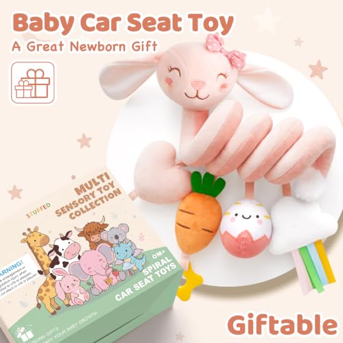 Image of Stuffed Pink Bunny Spiral Car Seat Toys for Baby Girls 0-6 Months, Infant Stroller Toy with Plush Carrot & Star Teether Hanging, Baby Registry Search & Shower Gifts for Newborn Girls