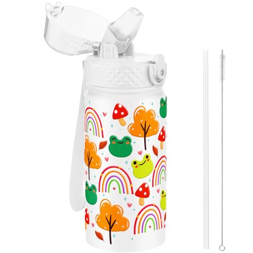 GOPPUS 420ml/14oz Kids Insulated Water Bottle with Straw Cute Double Wall Stainless Steel Child's Small Flask Vacuum Insulated Steel Metal Leak Proof Drink Flask Boys Toddler Girls Bottles BPA-Free