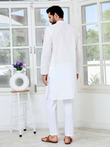Image of See Designs Men's Full Sleeve Mandarin Collar Ethnic Motifs Embroidered Sequinned Mandarin Collar Straight Long Kurta with Pyjama - Festive Collection