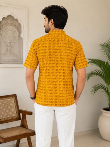 Image of LATEST CHIKAN Men's Cotton Printed Short Kurta | Half Sleeve Band Collar Ethnic Wear | Radhe Print Casual Festive Traditional Kurta for Men