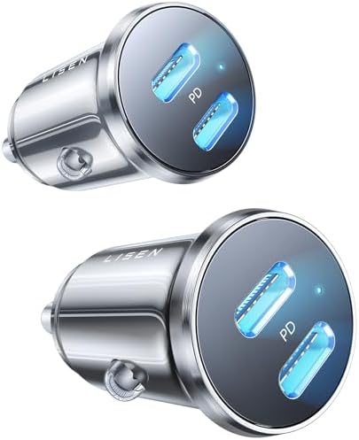 LISEN 60W 2-Pack USB C Car Charger Fast Charging Car Phone Charger Mini&Metal USB C Car Charger Adapter for iPhone 15 Pro Max Plus Apple Ipad Pro Samsung Galaxy Ultra S24 S23 Google Pixel