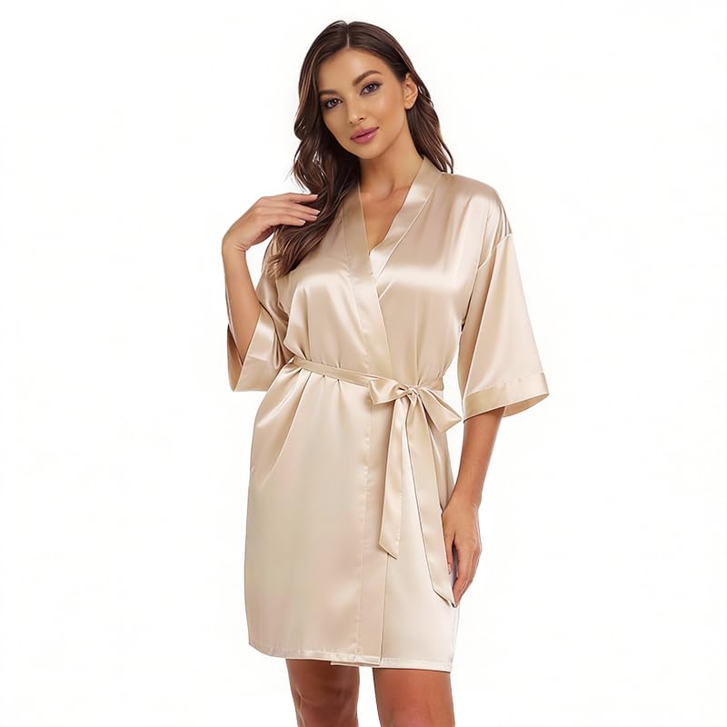 Image of Women's Bride Bridesmaid Robes Short Satin One Size Silver Rhinestones Wedding Party Getting Ready Sleepwear
