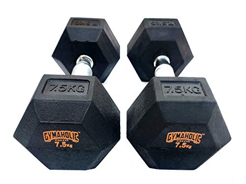Image of Gymaholic Hexa Rubber Dumbbell with Metal Handles (Black, Single & Pair, Dumbbells in Weights 7.5 kg Pair)