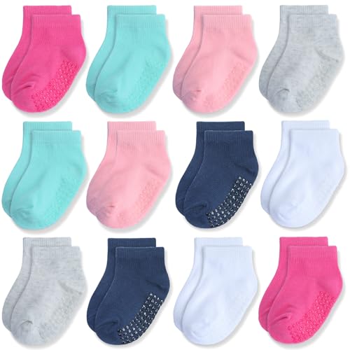 Image of JAKIDAR 12 Pair Baby Toddler Socks Non-Slip Grip Cotton Ankle Socks for Boys Girls Non Skid Soles for Infants Kids