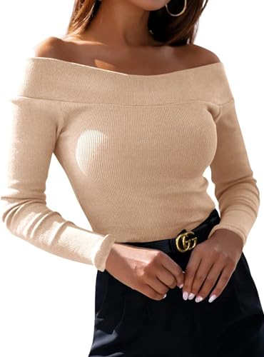 Fessceruna T-shirt à manches longues pour femme - Sexy - Épaules dénudées - Élégant - Automne - Décontracté - Coupe ajustée, kaki, L