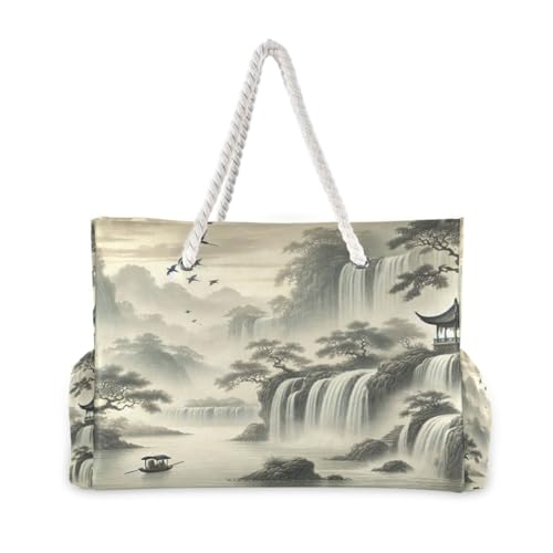 Waterfall Boat Birds Beige Beach Tote Bag for Women Waterproof Swim Pool Extra Large Beach Bags with Zipper Carry On Travel Bag for Grocery Vacation Essentials Yoga Nurse Gym2