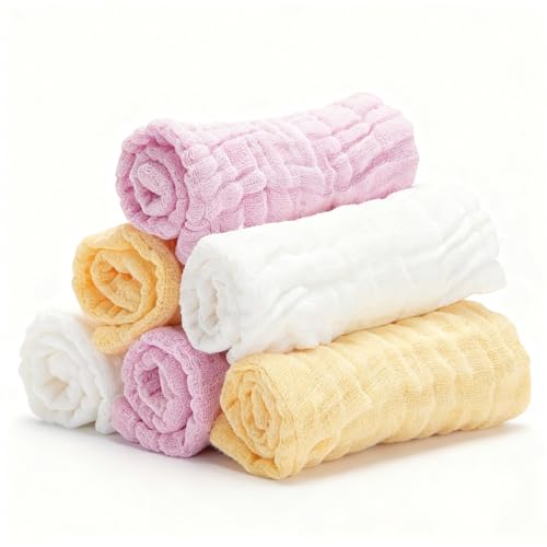Image of Bear Rocket Organic Muslin Baby Washcloths 6 Pack Baby Bath Face Towel 12x12 Inch Extra Absorbent and Soft Burp Cloth and Wash Cloths for Newborn-Infants On Sensitive Skin (White Yellow Pink)