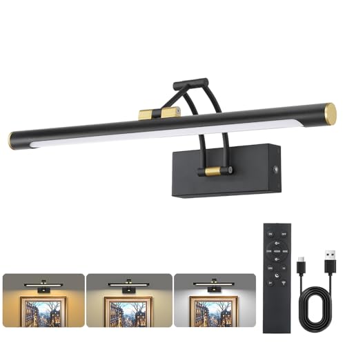 Picture Lights for Wall Battery Operated with Remote Timer, 16in Rechargeable Art Lighting for Paintings Wireless 3000K/4000K/6000K Dimmable Wall Lights for Picture Frame Gallery Dartboard, Black Gold