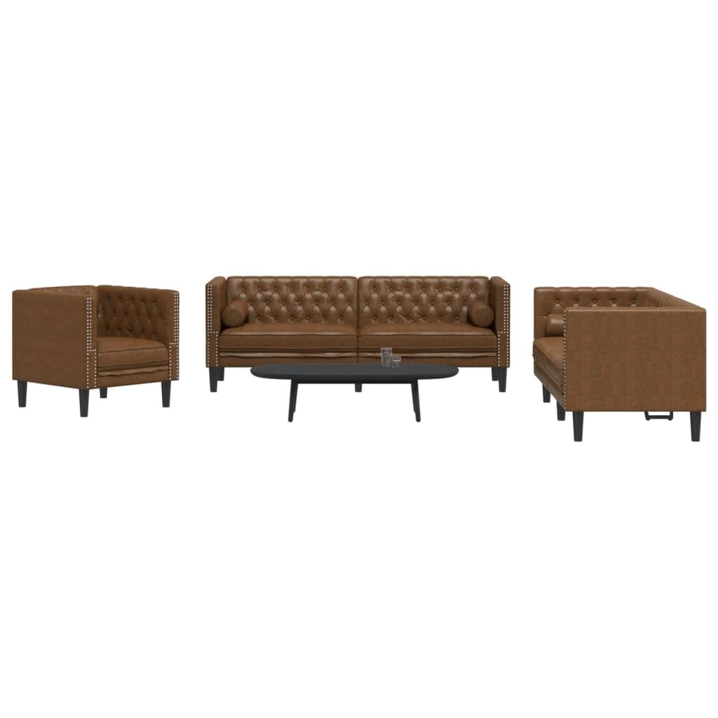 Set di 3 divani Chesterfield in similpelle scamosciata marrone, per soggiorno e camera degli ospiti, mobili imbottiti con vano portaoggetti, comodo set di seduta, ideale per rilassarsi