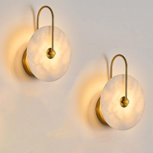 Fanyank Round Alabaster Wall Sconce Set of Two Natural Marble Lampshade Wall Sconce Hardwired Circular Sconce LED Modern Wall Lamp for Bedroom Stairs Living Room Bedside Hallway