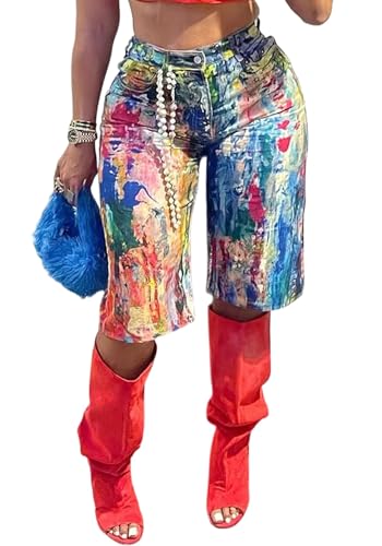 NRTHYE Women Colorful Tie Dye Bermuda Denim Shorts Baggy High Waist Straight Leg Multicolor Graffiti Jean Shorts