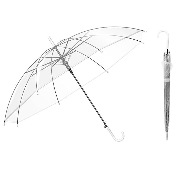 Guarda-chuva longo transparente com 8 hastes, design resistente ao vento, cabo curvado, leve e portátil, proteção contra a chuva, ideal para casamentos, viagens ao ar livre e uso diário, Transparente