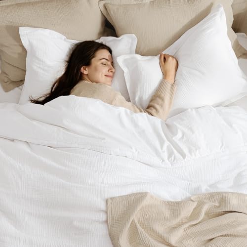 Image of PHF Cotton Muslin Comforter Set Queen - 100% Cotton Cover, Ultra Soft & Breathable, 3PCS Lightweight All-Season Bedding with Polyester Fill, 1 Comforter 90 inchx90 inch & 2 Pillow Shams 20 inchx26 inch, White