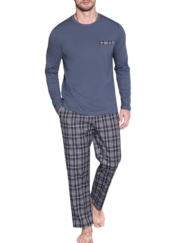 Ekouaer Herren Schlafanzug Lang - Karierter Pyjama Set Mit Taschen & Kordelzug