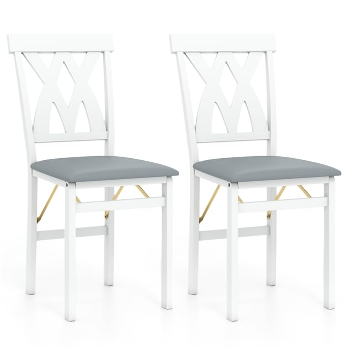 COSTWAY Juego de 2 Sillas de Comedor Plegables, Sillas de Cocina de Madera sin Brazos Tapizadas en Piel Sintética con Estructura de Madera de Caucho, Asiento Acolchado, Respaldo Curvado (Blanco)