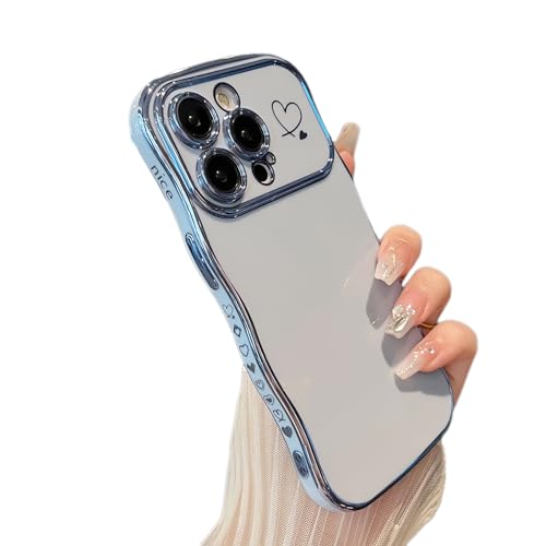 Coque iPhone 15 Pro de luxe avec finitions dorées - Cadre ondulé esthétique bleu et or