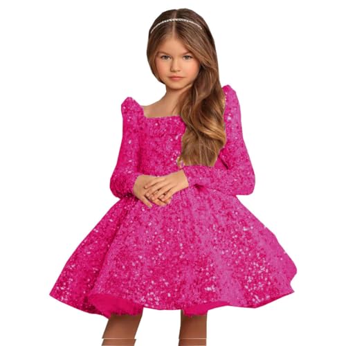 RYANTH Sequin Pageant Dresses for Girls Long Sleeve Flower Girl Dress Short First Communion Dress with Bow Knot