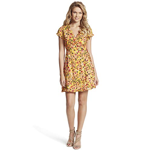Jessica Simpson Women's Sade Ruffle Trim Wrap Dress, Golden Rod Acrylic Floral, Medium