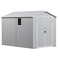 Greesum 6x10FT Plastic Outdoor Storage Shed with Floor, Resin Storaged Sheds with Lockable Double Door, Windows & Vents, All-Weather Tool Sheds for Patio, Garden, Backyard, Light Gray