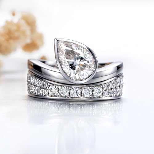 CannyCat Womens 2.5 Carat Crushed Ice Cut Pear Moissanite Bezel Ring with Curved Guard Wrap Enhancer for Engagement Anniversary Rings Platinum-Plated Silver Channel Eternity Wedding Band Bridal Set2
