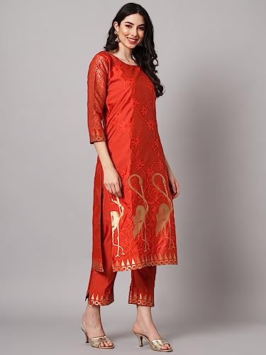 Image of VredeVogel Women's Cotton Silk Jacquard Kurta Pant Set with Banarasi Silk Dupatta