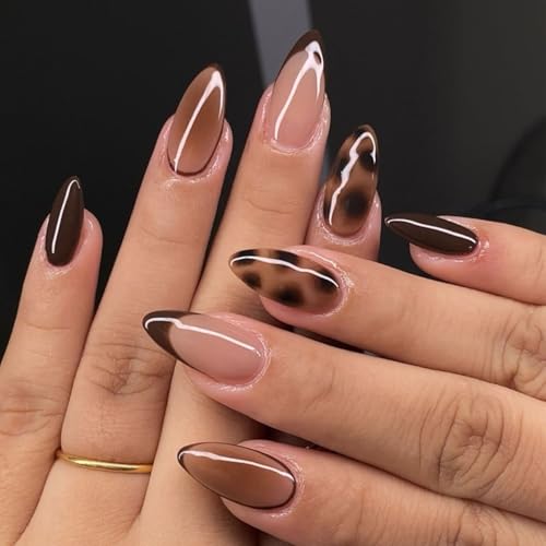 Brown Press on Nails Medium Almond Fake Nails French Tip Nails Press Ons with Leopard Print Design Full Cover Glossy Acrylic Nail for Women 24PCS