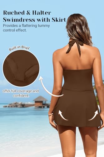 Image of Women Tummy Control One Piece Swim Dress Ruched Swimsuit with Skirt | Halter V-neck Design, Adjustable Straps, Removable Cups, Side Bow-tie, Sexy, Flattering, Slimming