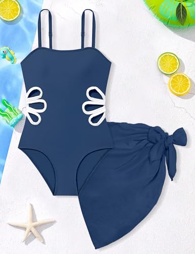 Image of Girls Swimsuit Adjustable Straps Cut Out One Piece Bathing Suit with Solid Color Cover Up Skirt Girls' Swimwear 5-16Y
