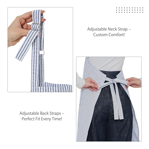 Image of Encasa XO Cotton Cooking kitchen Apron for Women and Men chef apron With adjustable neckstrap, Pocket & Towel Holder for Easy cooking, Baking, BBQ, Gardening- Ticking Black, 68x85 cm