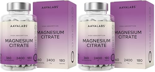 Aavalabs Citrato de Magnesio Capsulas [2400 mg por dosis diaria] - Alta Dosis de Magnesio Elemental [360 mg por dosis] - Puro y Vegano - 180 Cápsulas - Dosis Diaria 3 Cápsulas (Paquete de 2)