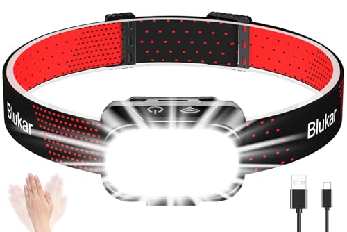 Blukar Linterna Frontal Recargable, Superbrillante Linterna Cabeza LED Atenuación Continua, 10 Modos con Luz Roja & Sensor de Movimiento, IPX5 Impermeable para Camping, Correr, Excursión, Pesca