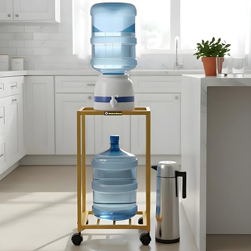 Image of 2-Tier Metal Water Dispenser Stand with Lockable Wheels ? Heavy-Duty Frame Cart for 20?25L Bottles, Cans & Jars | Multifunctional Kitchen & Home Storage and Mobility Solution (Golden)