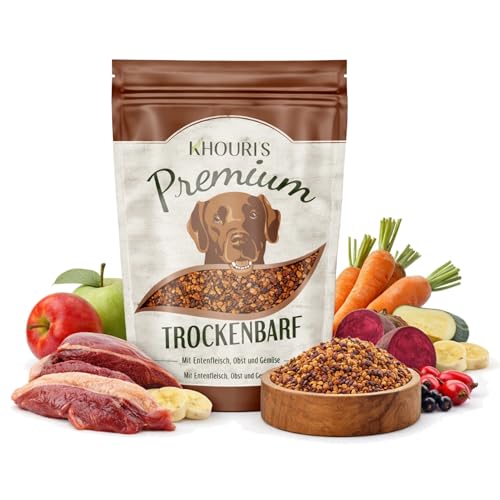 Khouri’s Premium Trockenbarf Hundefutter für Hunde, mit Entenfleisch, Obst und Gemüse, Getreidefrei, 80% Fleischanteil, 800 g, Alternative zu Trockenfutter