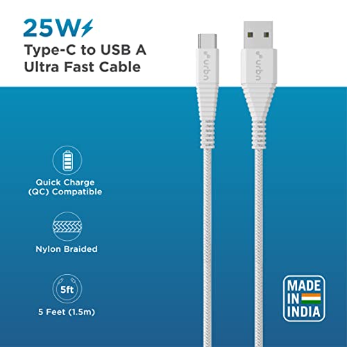 Image of URBN Type-C USB 3.4 Amp | 25W Fast Charging Cable for Smartphone | Unbreakable Rugged & Nylon Braided | Quick Charge (QC) Compatible | Made in India | Length (5 Feet) - White (Pack of 2)