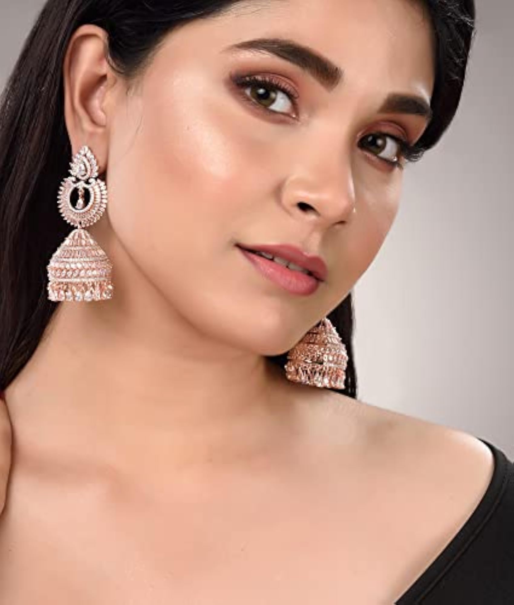 Women's Rose Gold Plated American Diamond Studded Jhumka Earrings