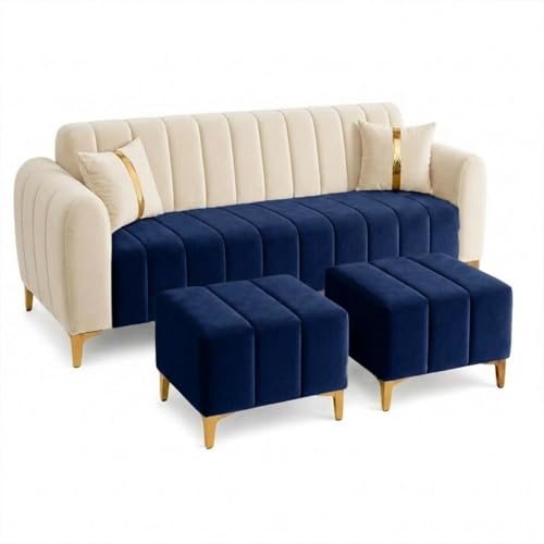 Image of FURNY Harmony 5 Seater L Shape Sofa Set with 2 Movable Ottoman & Golden Legs | Flexible Left or Right Layout | Plush Velvet Fabric (Dark Blue-Cream) | Perfect for Living Room, Guest Room & Office