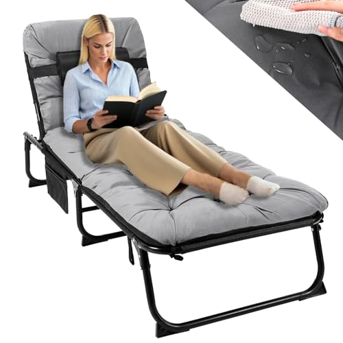 LIFERUN XL Chaise Longue avec Coussin Imperméable, Bain de Soleil Pliable avec Dossier Réglable Oreiller Poche Latérale, 190x68x31 cm, Charge Max 150kg,...