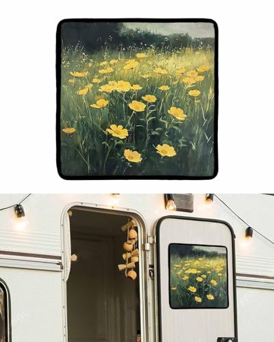 LEOKOTI RV Door Window Shade, Yellow Spring Floral Blackout RV Window Shades Foldable, Modern Oil Painting Pastoral Botanical Privacy Insulation Car Covers 16