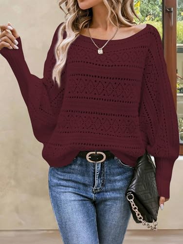 Image of Cakulo Womens Off Shoulder Sweater Top Fall Outfits Fashion 2025 Oversized Knit Batwing Long Sleeve Crochet Pullover Sweaters