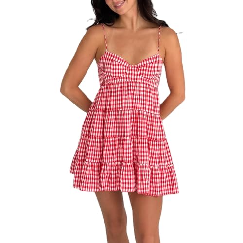 Women Y2k Gingham Dress Spaghetti Strap Tie Back Plaid Mini Dresses Summer Flowy Smocked Sundress