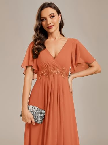 Image of Ever-Pretty Women's Chiffon V-Neck Mother of Bride Dresses A-Line Ruched Short Sleeves Appliques Bridesmaid Dress Formal Gown