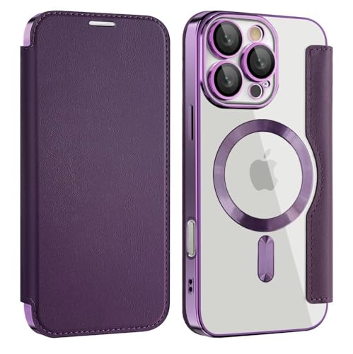 Étui magnétique en cuir pour iPhone 15 Pro avec porte-cartes détachable violet